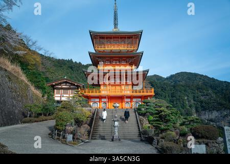 Splendida vista delle cascate Nachi e della Pagoda Seiganto-ji: Un maestoso mix di natura e tradizione nel cuore del paesaggio spirituale del Giappone! Foto Stock
