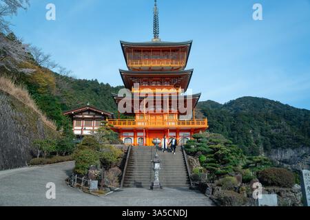 Splendida vista delle cascate Nachi e della Pagoda Seiganto-ji: Un maestoso mix di natura e tradizione nel cuore del paesaggio spirituale del Giappone! Foto Stock