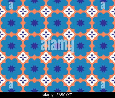Un motivo geometrico senza cuciture con motivi floreali blu e arancione. Foto Stock