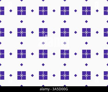 Un motivo geometrico ripetuto caratterizzato da quadrati bianchi e forme simili al sole su un vivace sfondo viola. Il design è simmetrico e visivamente striato Foto Stock