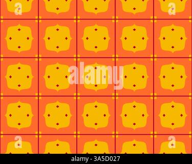 Un vivace motivo geometrico caratterizzato da forme floreali intrecciate in sfumature di arancione e giallo su uno sfondo rosso intenso. Foto Stock