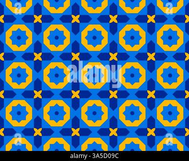 Le forme geometriche in blu e giallo vibranti sono disposte in un motivo senza cuciture, creando un'esperienza visiva dinamica con un tocco moderno. Foto Stock