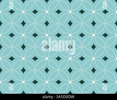 Questo design presenta un motivo geometrico intricato e senza cuciture con cerchi sovrapposti e forme a rombo su uno sfondo blu rilassante. Foto Stock