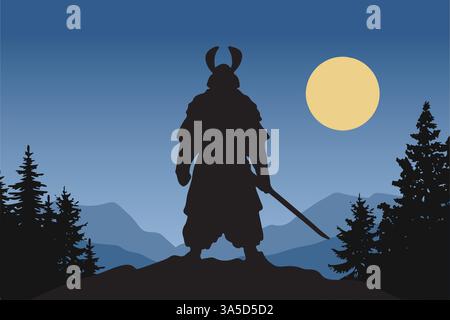 L'illustrazione della silhouette giapponese dei samurai è pronta sulla montagna sotto il chiaro di luna Illustrazione Vettoriale