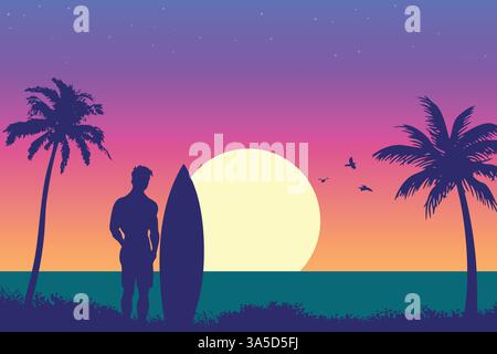 Il design della silhouette surfista al colorato tramonto sulla spiaggia tropicale con palme. Illustrazione Vettoriale