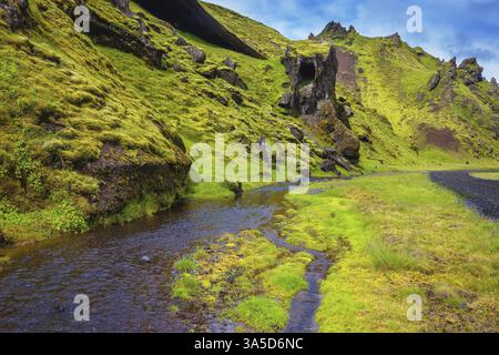 Pittoresche colline basaltiche ricoperte di erba verde e muschio polare. Sul fondo del canyon che scorre i torrenti lotto. Canyon Pakgil in Islanda Foto Stock