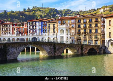 È stato costruito un bel ponte sul fiume Oria. Tholosa è una piccola città vecchia con un'architettura interessante. Paesi baschi Foto Stock