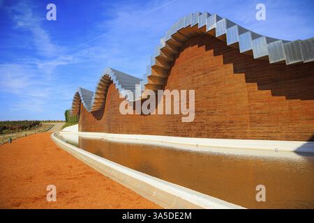 Tetto dell'azienda vinicola a forma di onda. Il frammento della facciata si riflette nella piscina. Azienda vinicola - Bodega Bodegas Ysios. Viaggio nel caldo autunno spagnolo. Il sole Foto Stock