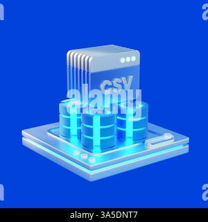 Icona 3D di un documento di file di dati CSV collegato a un server, che rappresenta l'archiviazione dei dati digitali, l'elaborazione e l'analisi aziendale. Foto Stock