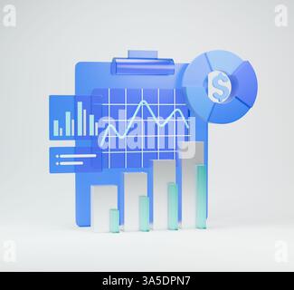 Icona 3D di grafici di dati e grafici analitici che rappresentano concetti di analisi dei dati aziendali. Foto Stock