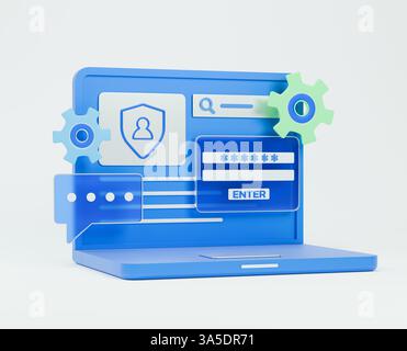 Piattaforma di sicurezza informatica con rendering 3D e analisi dei dati visualizzati su un computer portatile. Foto Stock