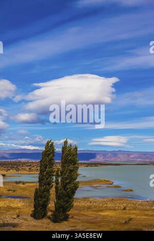 Deserto piatto giallo con laghi poco profondi. Patagonia argentina in ventoso giorno d'estate Foto Stock