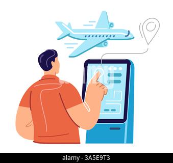 Acquisto di biglietti aerei dal terminal. Servizi di prenotazione e viaggio online. Acquisto di biglietti elettronici per compagnie aeree Illustrazione Vettoriale