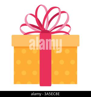 Una allegra confezione regalo gialla con motivo a pois rosa, legata da un nastro rosa brillante e fiocco. Perfetto per il compleanno, la vacanza o la festa Illustrazione Vettoriale