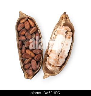 Cialde di cacao con fagioli isolati su bianco, vista dall'alto Foto Stock