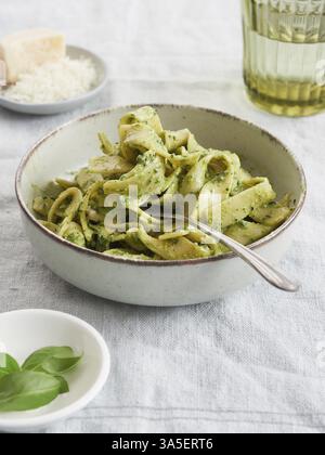 Primo piano di un recipiente per la pasta verde con forchetta sul pesto verde di tagliatelle accanto alle foglie di basilico e al parmigiano. Cucina tradizionale italiana Foto Stock