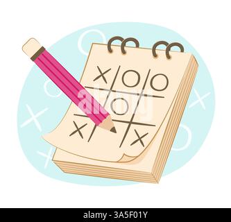 TIC TAC Toe o XO Game su carta per blocco note con matita per la strategia e la concorrenza Concept Illustration Clip Art Illustrazione Vettoriale