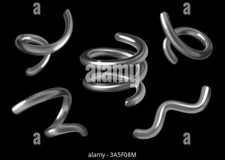Set di elementi vettoriali metallici argentati astratti con curve a spirale e molle cromate 3D. Illustrazione Vettoriale