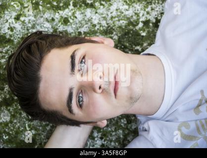 Colpo di Testa di attraente giovane uomo appoggiato sulle rocce, cercando nella fotocamera Foto Stock