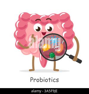 Probiotici . Personaggio cartoni animati intestino tenere lente di ingrandimento per vedere i batteri microflora . Sfondo bianco isolato . Vettore . Illustrazione Vettoriale