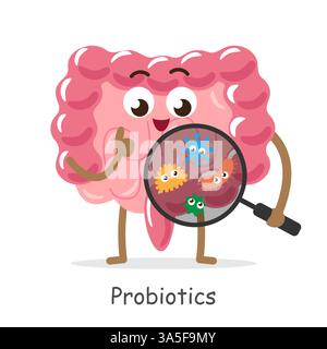 Probiotici . Personaggio cartoni animati intestino tenere lente di ingrandimento per vedere i batteri microflora . Sfondo bianco isolato . Vettore . Illustrazione Vettoriale
