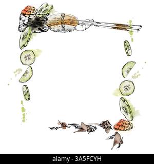 Cucina tradizionale giapponese, sushi gunkan nigiri pesce crudo, tamagoyaki, caviale di salmone, fette di cetriolo, fiocchi di nori, bacchette, disegnate a mano in acquerello Foto Stock