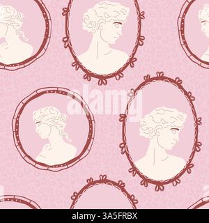 Antiche statue romane motivo senza cuciture. Scultura della dea greca su cornice ovale infinito sfondo aop. Coperchio ripetizione Rococo. Des. Ripetizione superficie Illustrazione Vettoriale