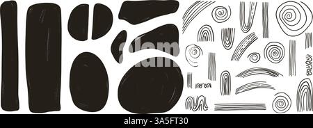 Set di silhouette con figure geometriche ruvide a inchiostro. Semicerchio, gesso rettangolare e arco boho. Decorazioni in stile japandi astratto. Estetica zen con forme irregolari vettoriali. Illustrazione Vettoriale