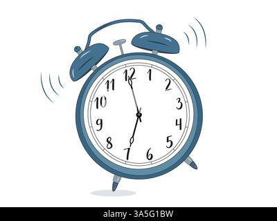 Illustrazione di una classica sveglia meccanica con un martello che urta. Il quadrante dell'orologio mostra le 7:00 DEL MATTINO, con linee di movimento che indicano lo squillo. Illustrazione Vettoriale
