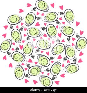 Cuori e farfalle a mano libera concetto circolare di texture di sfondo estivo in un modello di sfumature alla moda. Illustrazione vettoriale isolata schede tematiche banner promozionale Web, etichette, listino prezzi, opuscoli, poster Illustrazione Vettoriale