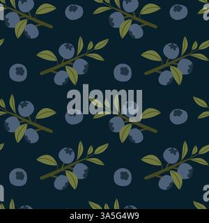 Motivo senza cuciture di rami di mirtillo con foglie verdi su sfondo scuro Illustrazione Vettoriale