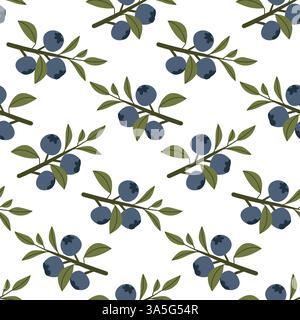 Motivo senza cuciture di rami di mirtilli con foglie verdi su sfondo bianco Illustrazione Vettoriale
