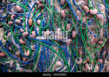 Immagine dettagliata di reti da pesca pali con corde verdi e blu e galleggianti marroni, che formano un'intricata struttura costiera. Foto Stock