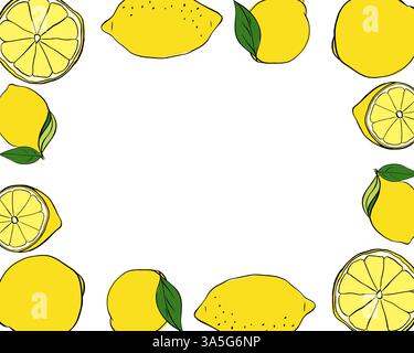 Limoni interi e riquadro rettangolare. Luminoso modello estivo con agrumi gialli. Illustrazione dell'inchiostro con linee grafiche vettoriali con spazio vuoto per te Illustrazione Vettoriale