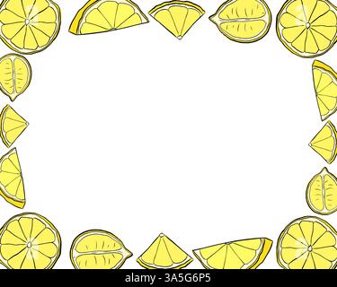 Riquadro rettangolare per sezioni di limoni. modello giallo con agrumi. Illustrazione dell'inchiostro con linee grafiche vettoriali con spazio vuoto per il testo. Ideale per menu, pacchetto Illustrazione Vettoriale