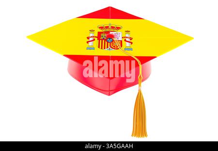 Cappuccio graduato con bandiera spagnola. Istruzione in Spagna o apprendimento della lingua spagnola, concetto. Rendering 3D isolato su sfondo bianco Foto Stock