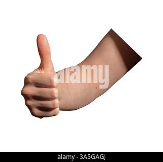 Mano che mostra il gesto con il pollice in alto, simboleggia approvazione, positività e successo. Donna caucasica che esprime accordo e sostegno. Luci e ombre aggiunte Foto Stock