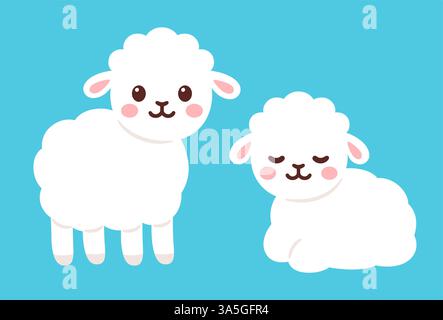 Carino disegno di pecore del bambino dei cartoni animati. In piedi e sdraiati dormendo. Adorabile piccola illustrazione vettoriale di agnello. Illustrazione Vettoriale