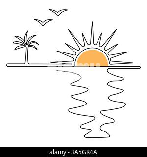 Disegno a linea singola continuo del tramonto della natura illustrazione grafica vettoriale del tramonto Illustrazione Vettoriale