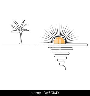 Disegno a linea singola continuo del tramonto della natura illustrazione grafica vettoriale del tramonto Illustrazione Vettoriale