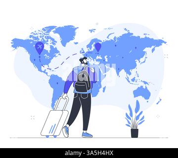 Illustrazione di viaggio dal design piatto moderno con un uomo che tiene in mano una valigetta e uno zaino davanti a una mappa del mondo Illustrazione Vettoriale