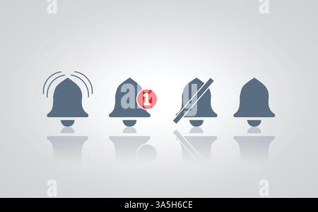 Una serie di icone di campana generiche. con sfondo argentato Illustrazione Vettoriale