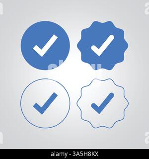 Distintivo e contorno blu verificati in diverse forme, sfondo argento Illustrazione Vettoriale