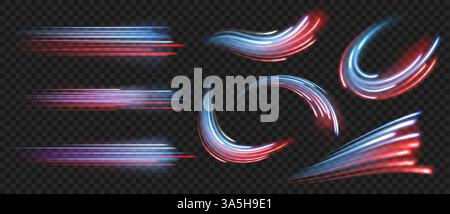 Linea luminosa della velocità del colore. Movimenti leggeri su percorsi rettilinei e curvi. Linee ad alta velocità con effetto di luce sfocato in movimento nei colori blu e rosso. Set vettoriale di meteore cosmiche volanti. Illustrazione Vettoriale