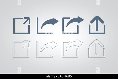 Set di icone di condivisione e segno con freccia di colore grigio, sempre con contorno con sfondo astratto argentato Illustrazione Vettoriale