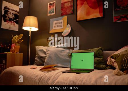 Camera con illuminazione soffusa, divano con cuscini, computer portatile aperto su una scrivania e vari poster a parete per creare un'atmosfera calda e invitante Foto Stock