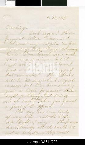 Una lettera del professor Horace Goodhue alla sua fidanzata, scritta il 17 aprile 1869, che descrive la sua vita e il suo lavoro a Northfield, Minnesota, durante quel periodo. Foto Stock