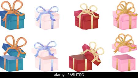 Confezione regalo. Scatole colorate con nastri e fiocchi, chiuse e aperte, isolate sul bianco. Illustrazione Vettoriale