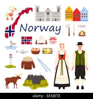 Viaggio in Norvegia con titolo. Gente norvegese in costumi tradizionali ed elementi culturali, monumenti famosi e vista sulle montagne, case di Bergen e illustrazione vettoriale dei cartoni animati della Cattedrale di Nidaros Illustrazione Vettoriale