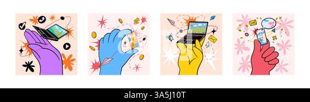 Mani di Doodle. Grande braccio che regge il telefono o il computer portatile. Icona dei social media. Dita di colore gigante. Tecnologia mobile aziendale. Computer sul palmo. App per smartphone. Contatto messaggio online. Set di concetti relativi ai cartoni animati vettoriali Illustrazione Vettoriale